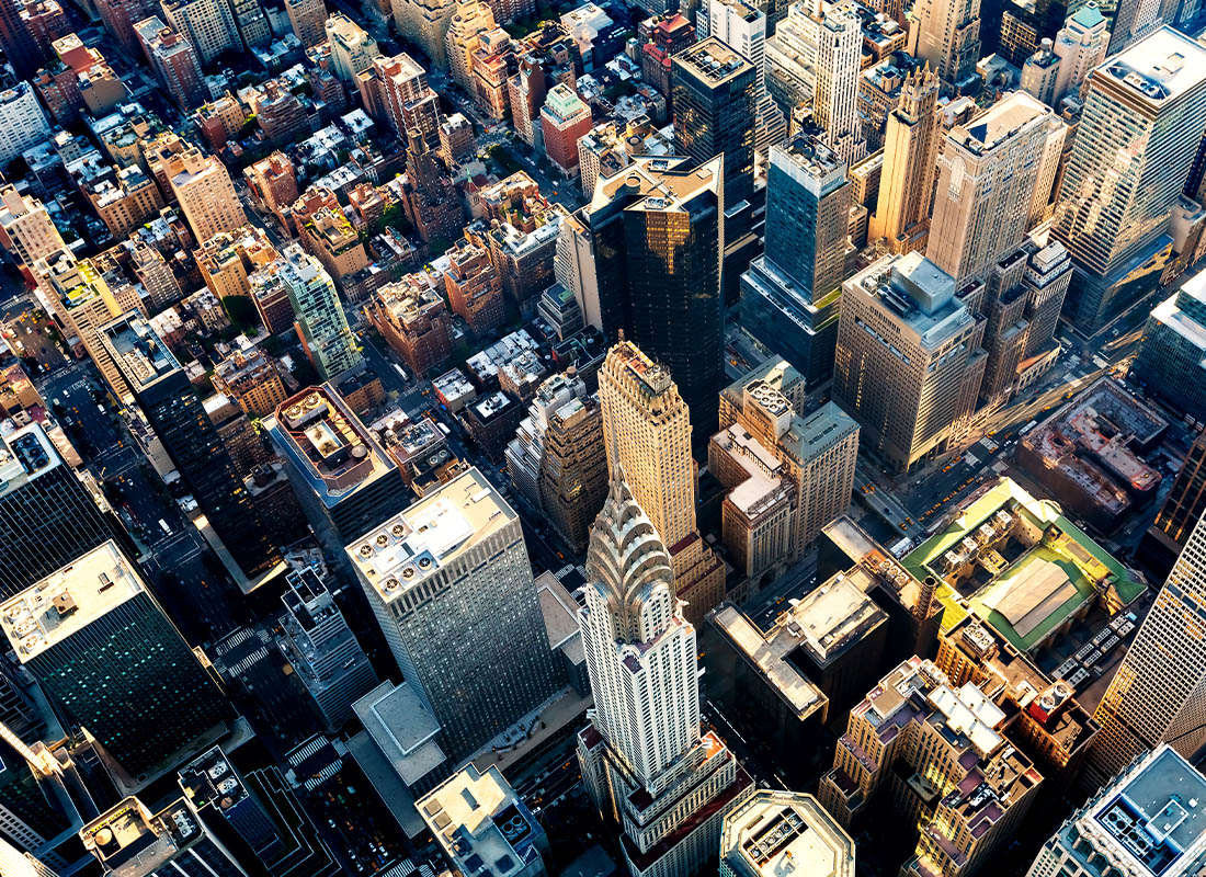 New York, NY - Aerial View of the Skyscrapers of Midtown Manhattan New York City At Dusk